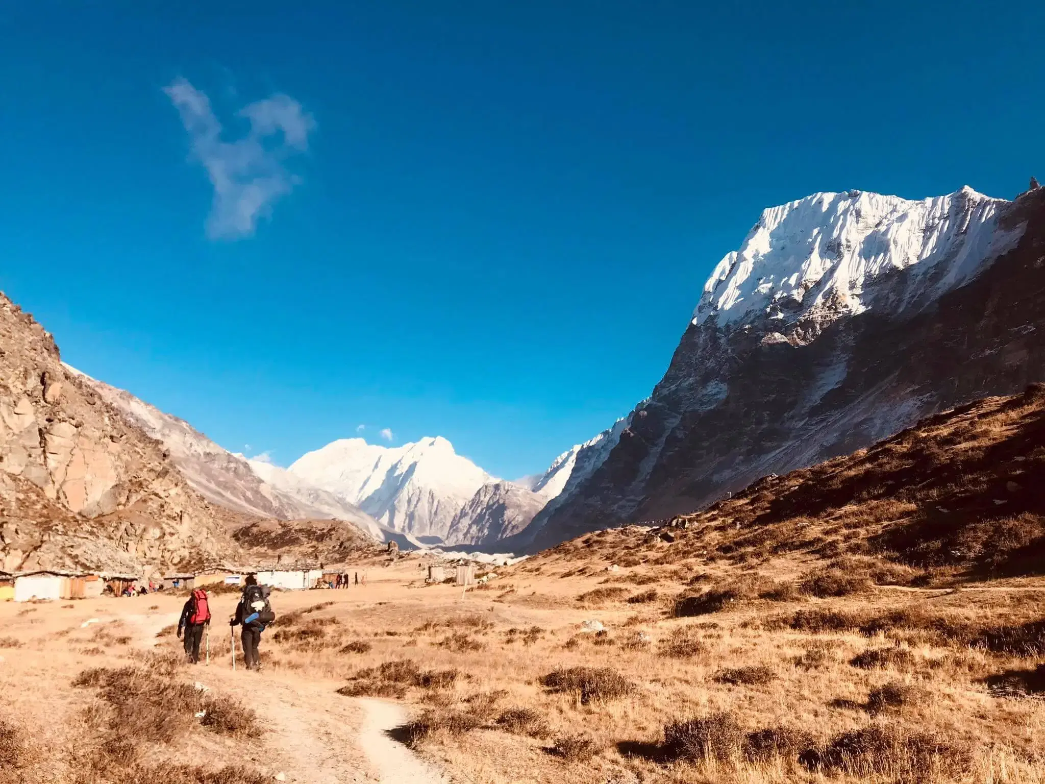 Mountain landscape featuring snowy terrain, water, blue sky, and greenery.